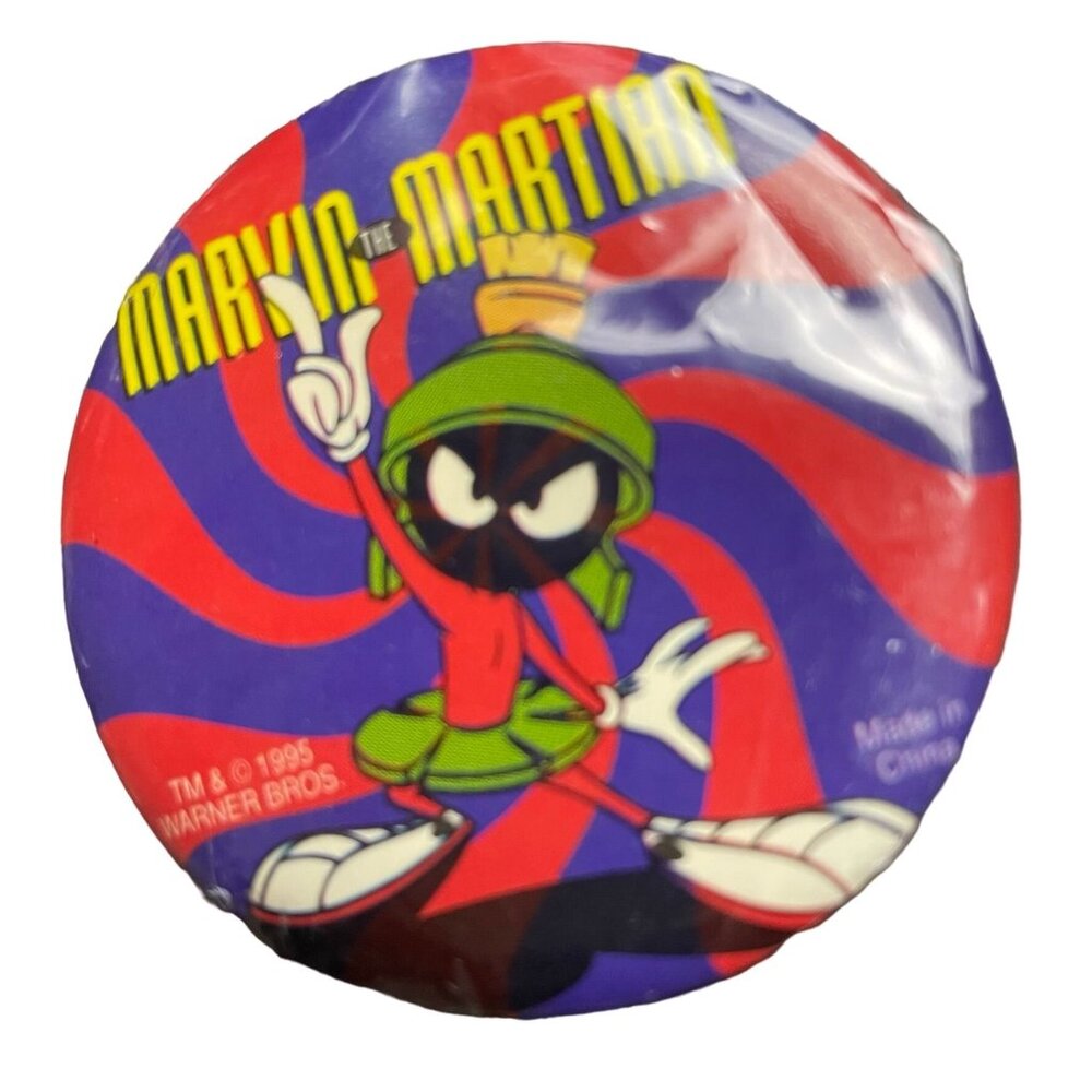 Vintage 1995 Looney Tunes Marvin the Martian Safety Pin Back Button mq NEW WB